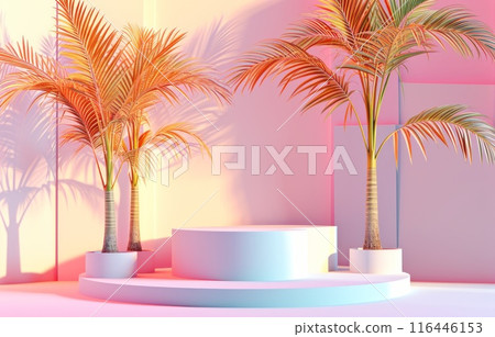 3D realistic cylinder pedestal podium and palm tree background. 116446153