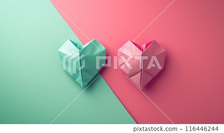 Pink and green origami heart. 3D background 116446244