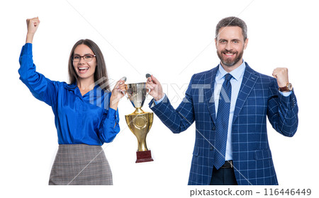 businesspeople celebrate award isolated on white. businesspeople celebrate award in studio. businesspeople celebrate award isolated on white. businesspeople celebrate award in studio. 116446449