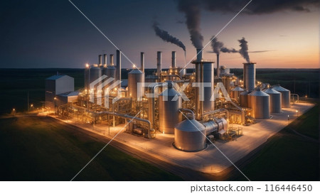A rendering of a biomass power plant with boiling tanks and hovering turbines 116446450