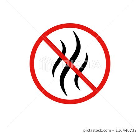Anti bad smell icon. Odor control label. Forbidden flavors symbol. Strong flavors are not allowed. Deodorant sign. No perfume icon. Forbidden smoke. Vector illustration isolated on white background Anti bad smell icon. Odor control label. Forbidden flavors symbol. Strong flavors are not allowed. Deodorant sign. No perfume icon. Forbidden smoke. Vector illustration isolated on white background 116446732
