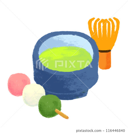 Matcha and dumplings, crayon-drawn illustration 116446840