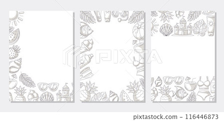 Set of summer minimalist vertical a4 poster, monochrome gray beach elements, accessories icons. Corner, upper, bottom border frame, copy space, isolated on white. For banner, invitation, sale, event Set of summer minimalist vertical a4 poster, monochrome gray beach elements, accessories icons. Corner, upper, bottom border frame, copy space, isolated on white. For banner, invitation, sale, event 116446873