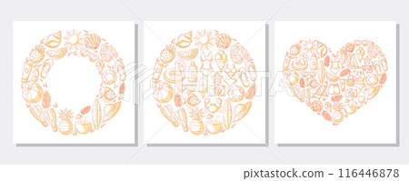 Set of summer beach square card with beach elements in round and heart shape. Collection of minimalist monochrome orange beach accessories icons isolated on white. For poster, banner, invitation 116446878