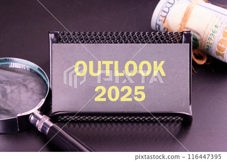 Economic outlook concept. Financial, business review or economic growth forecast for 2025. OUTLOOK 2025 on the business card 116447395