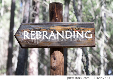 Business and rebrand concept. Copy space. REBRANDING symbol on a wooden signpost against a forest background 116447484