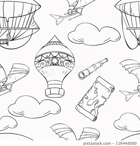 Vector seamless pattern with black white retro airships. Endless monochrome background with contour of aerostat in cloudy sky hand drawn ink. Vintage aircraft in line art for child. Airplane da Vinci 116448000