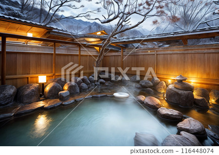 Image of a natural hot spring illuminated at night 116448074