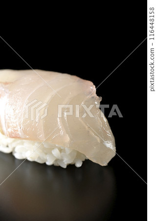 Sea bream nigiri photographed against a black background 116448158
