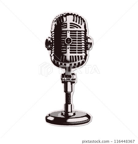 Retro style microphone in trendy halftone collage style. Vintage mike design in trendy retro 90s magazine style. Vector illustration 116448367