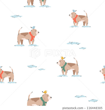 Festive Christmas seamless pattern with hand-drawn adorable beagle dogs 116448385