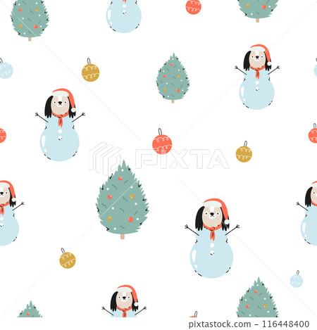 Festive Christmas seamless pattern with hand-drawn adorable dogs 116448400