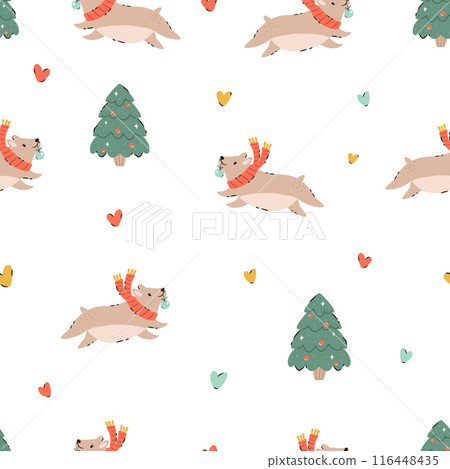 Festive Christmas seamless pattern with hand-drawn adorable corgi dogs 116448435