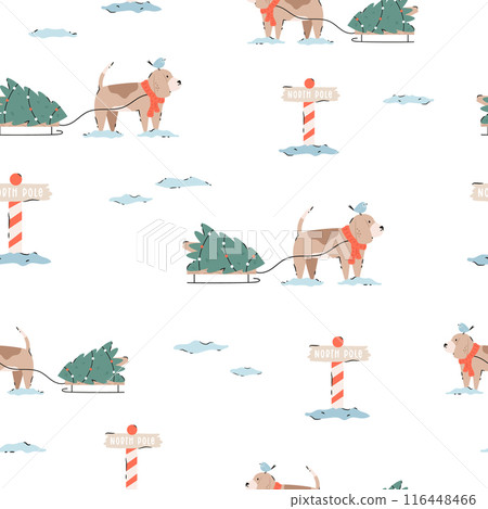 Festive Christmas seamless pattern with hand-drawn adorable beagle dogs 116448466