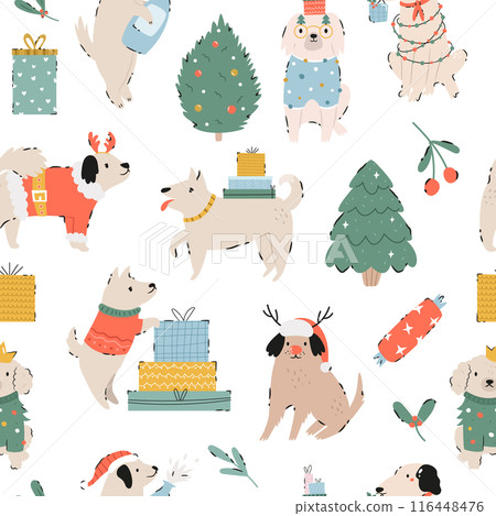 Festive Christmas seamless pattern with hand-drawn adorable dogs 116448476