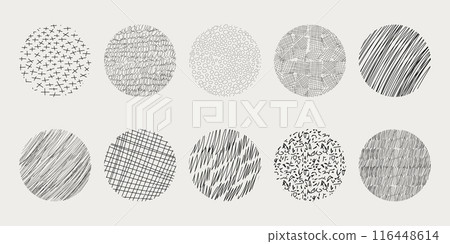 Textures set, collection hand drawn abstract monochrome brush marks. Doodle shapes spots, drops, curves and lines. Contemporary modern trendy 116448614