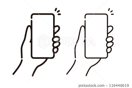 Simple illustration material of a hand holding a smartphone Set of thin and thick lines 116448619