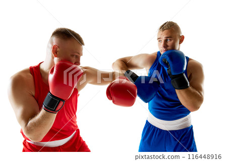 Two athletes engaged in kickboxing match, with red-clad fighter challenging blue-clad opponent against white studio background. Two athletes engaged in kickboxing match, with red-clad fighter challenging blue-clad opponent against white studio background. 116448916