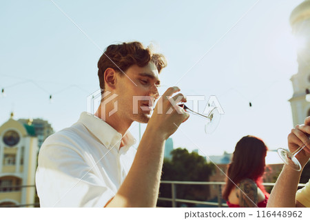Warmth of sun and joy of friendship combine as friends raise their glasses in toast. Party outdoor. 116448962
