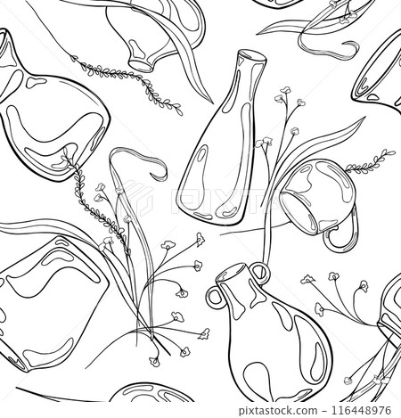 Pottery vase and small flowers in contour vector monochrome seamless pattern isolated. Leaves and stem in various vase hand drawn ink black white. For pottery themes textile, paper, background 116448976