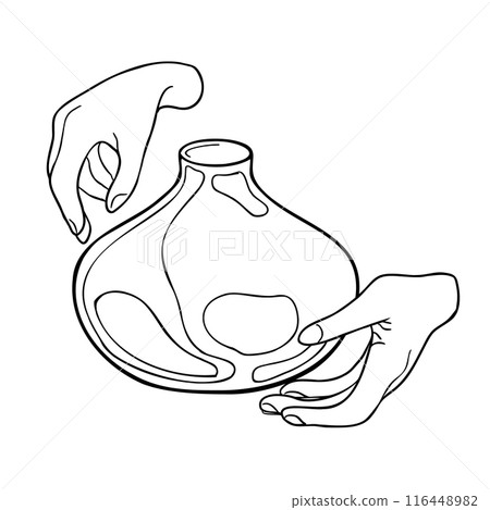 Human hands holding clay vase ink monochrome contour hand drawn. Two hands hugging a pottery painted black white vector illustration. Women's fingers and crock items in line art. For pottery class 116448982
