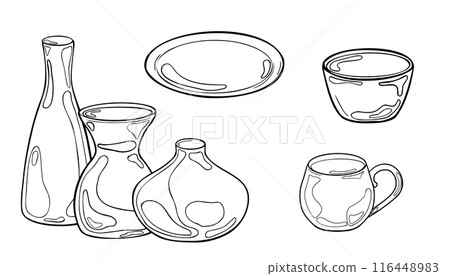 Ceramic dishes set in black white line vector illustration isolated. Pottery cup, plate and bowl silhouette hand drawn. Crockery elements in graphic linear art. Kitchen utensils coloring. 116448983