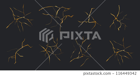 Kintsugi gold simple break lines, asian geaometric crackle. Surface with crack print, effect. Moderm cover golden broken texture. 116449342