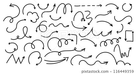 Spiral arrow doodle, wavy twist minimal squiggly line set. Curve comic turn way direction. Playful quirky simple free hand elements.  116449359