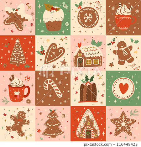 Christmas patchwork seamless pattern with Christmas dessert. Gingerbread houses, cookies quilt vector print 116449422