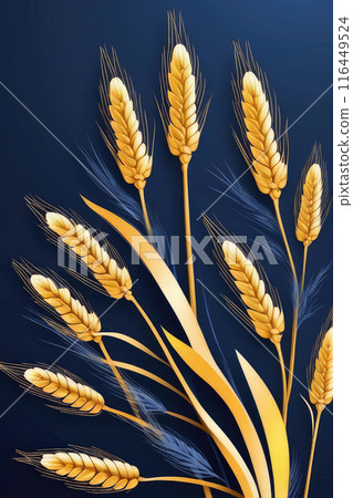 Jewish holiday of happy shavuot concept with yellow wheat ears on dark blue background. 116449524