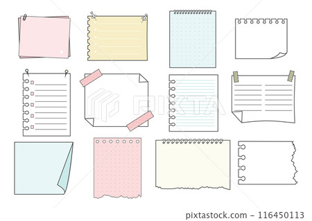 Memo sticky notes, sheet reminder, color office or school pages with tape, marks, pin, paperclip frames doodle style. Notebook bullet dairy list, funny retro drawing. 116450113