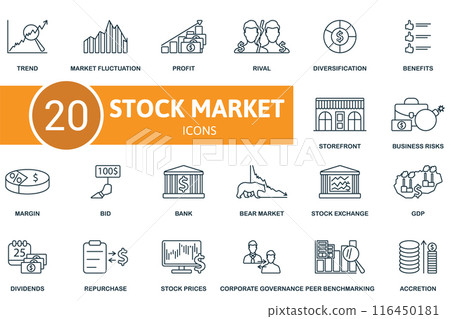 Stock Market thin line icon set. Trend, Market Fluctuation, Profit, Rival, Diversification, Benefits, Storefront, Business Risks, Margin, Bid icons and more Stock Market thin line icon set. Trend, Market Fluctuation, Profit, Rival, Diversification, Benefits, Storefront, Business Risks, Margin, Bid icons and more 116450181