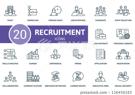 Recruitment thin line icon set. Staff, Workflow, Person Hour, Job Interview, Candidate, Staff Selection, Job Contract, Personal Website, Skills Analysis, Career icons and more Recruitment thin line icon set. Staff, Workflow, Person Hour, Job Interview, Candidate, Staff Selection, Job Contract, Personal Website, Skills Analysis, Career icons and more 116450183