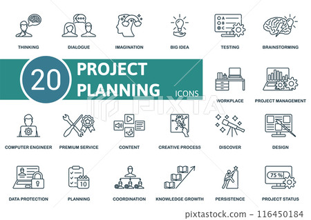 Project Planning thin line icon set. Thinking, Dialogue, Imagination, Big Idea, Testing, Brainstorming, Workplace, Project Management, Computer Engineer, Premium Service icons and more 116450184