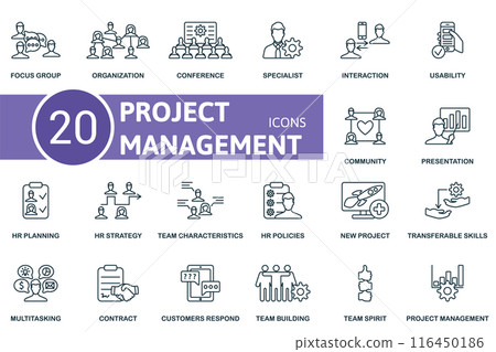 Project Management thin line icon set. Focus Group, Organization, Conference, Specialist, Interaction, Usability, Community, Presentation, Hr Planning, Hr Strategy icons and more Project Management thin line icon set. Focus Group, Organization, Conference, Specialist, Interaction, Usability, Community, Presentation, Hr Planning, Hr Strategy icons and more 116450186