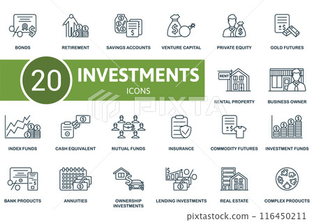 Investments thin line icon set. Bonds, Retirement, Savings Accounts, Venture Capital, Private Equity, Gold Futures, Rental Property, Business Owner, Index Funds, Cash Equivalent icons and more 116450211