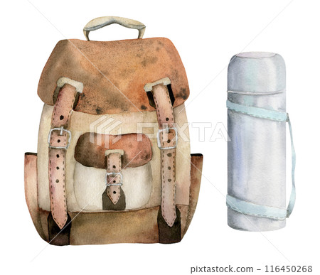 Backpack for hiking, sightseeing, tourist accessory luggage baggage and flask. Watercolor hand drawn illustration of isolated object. Design for tourism, travel, brochure, guide, print, card, tattoo 116450268