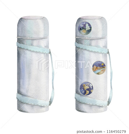 Travel accessory for tourist, vacuum flask with stickers and pins. Watercolor hand drawn illustration of isolated object. Design for tourism, travel, brochure, booklet, guide, print, card, tattoo. 116450279