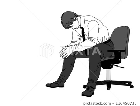 Illustration of a tired businessman sitting in a chair with a serious expression, full body, sideways, monochrome 116450733