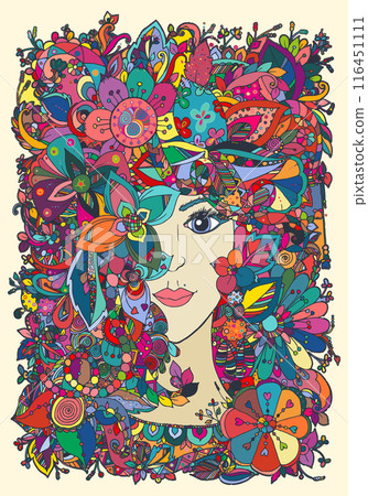 Girl, face, girl with colorful flowers, nature 116451111