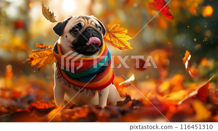 Autumn Pug in a Colorful Scarf Autumn Pug in a Colorful Scarf 116451310