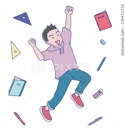 Elementary school boy jumping energetically Elementary school boy jumping energetically 116451314