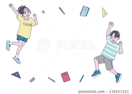 Elementary school boys and girls jumping energetically Elementary school boys and girls jumping energetically 116451321