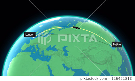 3D image illustrates a flight route from London to Beijing, with a silhouetted airplane following an arc over a detailed globe. The cities are prominently labeled, highlighting the flight path across 116451818