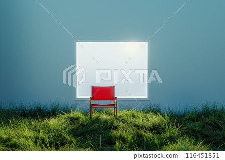 A red chair is located on the green grass in a light blue room with a white screen same the windows or LED screen on. Lonely, loneliness, solution, exit, peace, a pleasure, lawn 116451851
