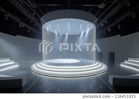 The stage has a circular backdrop of various sizes, with a white LED screen in the center and left-right, a 3-stage, all-white stage floor for showing 3D 116451855