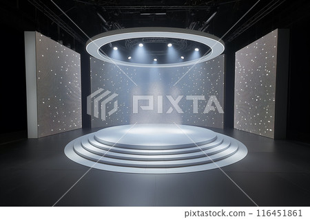The stage has a circular backdrop of various sizes, with a white LED screen in the center and left-right, a 3-stage, all-white stage floor for showing 3D 116451861