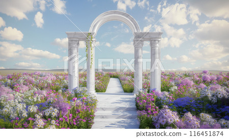 The stage design, Catwalk design, Roman-style arch, has two columns, in the middle is a white marble arch, the surrounding area has flower fields. 3D render The stage design, Catwalk design, Roman-style arch, has two columns, in the middle is a white marble arch, the surrounding area has flower fields. 3D render 116451874