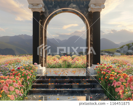 The stage design, Catwalk design, Roman-style arch, has two columns, in the middle is a black marble arch, the surrounding area has flower fields. 3D render 116451875