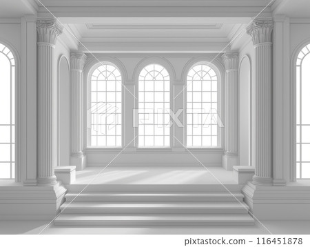 The stage has a rectangular backdrop of various sizes, with a white LED screen in the middle, left and right are Roman pillars, Roman style, 3-step stage floor, all white for the performance 116451878